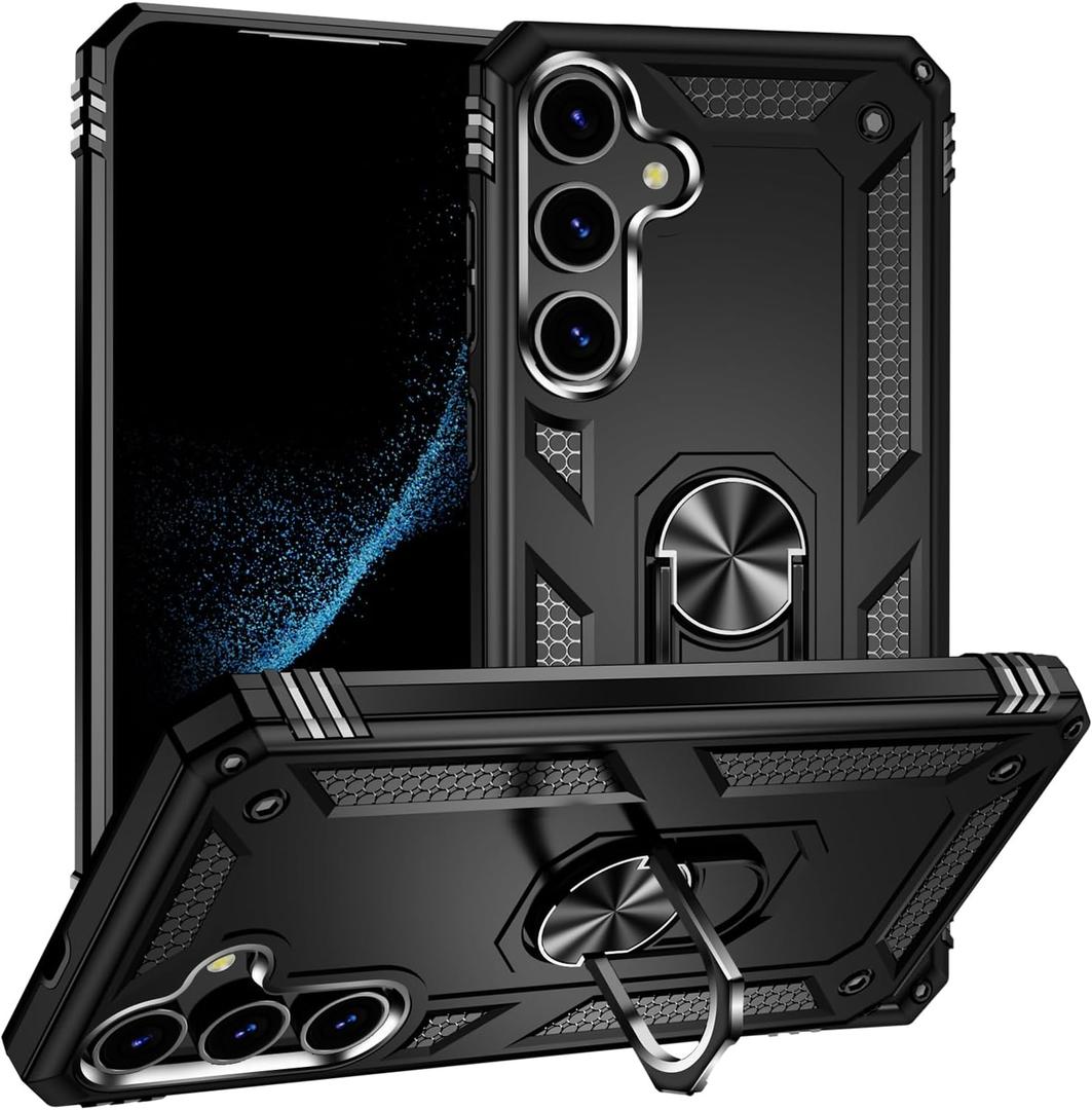 Military Grade Drop Impact for Samsung Galaxy S24 Plus Case Galaxy S24+ Plus 5G Case 360 Metal Rotating Ring Kickstand Holder Armor Heavy Duty Shockproof Case for Galaxy S24+ Plus Phone Case (Black)