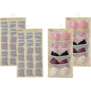 2Pcs Hanging Mesh Pockets Dual-Sided Closet Organizer for Underwear,Bra,Socks,Accessories with Hanger,Total 48 Pockets Beige