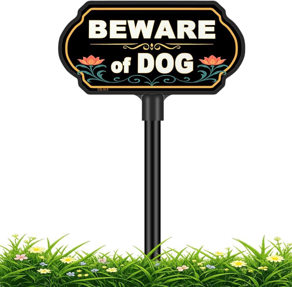 Beware of Dog Sign with Stake, 10x5 Inch Aluminum UV Printed Sign with Protective Plastic Cover, 37 Inch Adjustable Height ABS Pole & Ground Stake, Weatherproof Fade Resistant Warning Dog Sign for House Front Yard Lawn