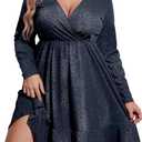 IN'VOLAND Plus Size Womens Glitter Dress V Neck Long Sleeve Ruffle Hem Swing Club Cocktail Party Dresses (Blue2, 24 Plus)