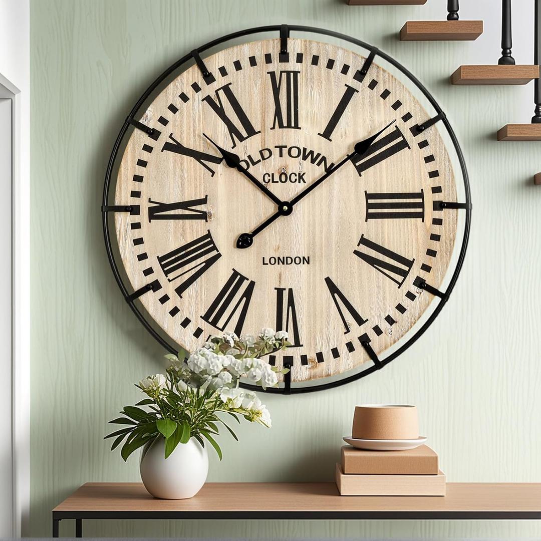 EMAX HOME Rustic Farmhouse Wall Clock 24 Inch, Vintage Oldtown London Wooden Large Clock with Silent Tick, for Bedroom, Office, Kitchen, Indoor Home Decoration