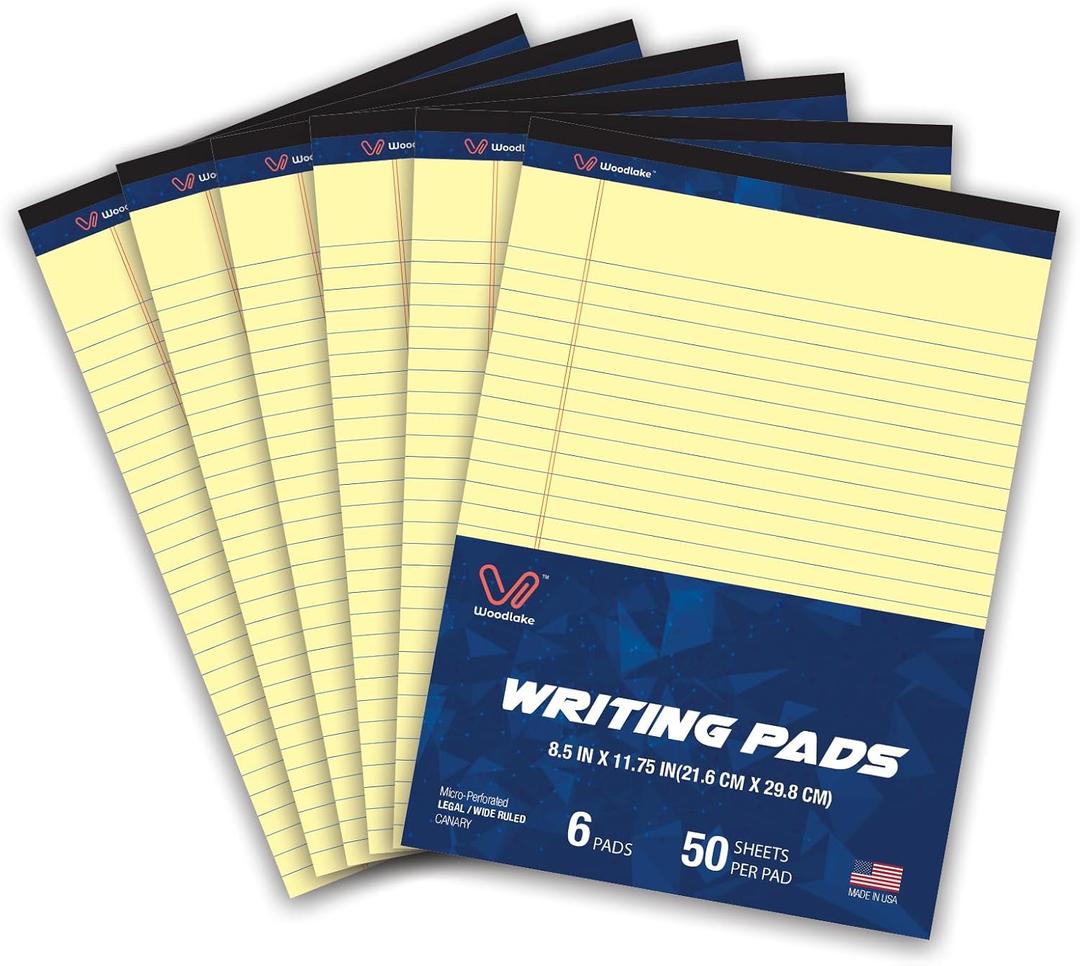 Woodlake Legal Pads 8.5"x11" 6Pack, Wide Ruled, Premium Yellow Paper Pad No ink Bleed, MicroPerforated Writing Pads,50 Sheets, Letter Size Note pads for School, Office & Home, Made in USA