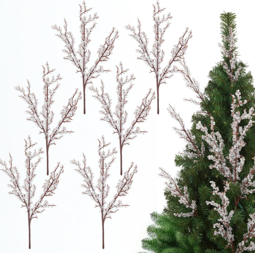 Bucherry 6 Pcs Artificial Christmas Ice Picks Decorative 14 Inch Iced Winter Stems Frosted Twig Branches for Xmas Wreaths Christmas Tree Home Table Decor Party Supplies