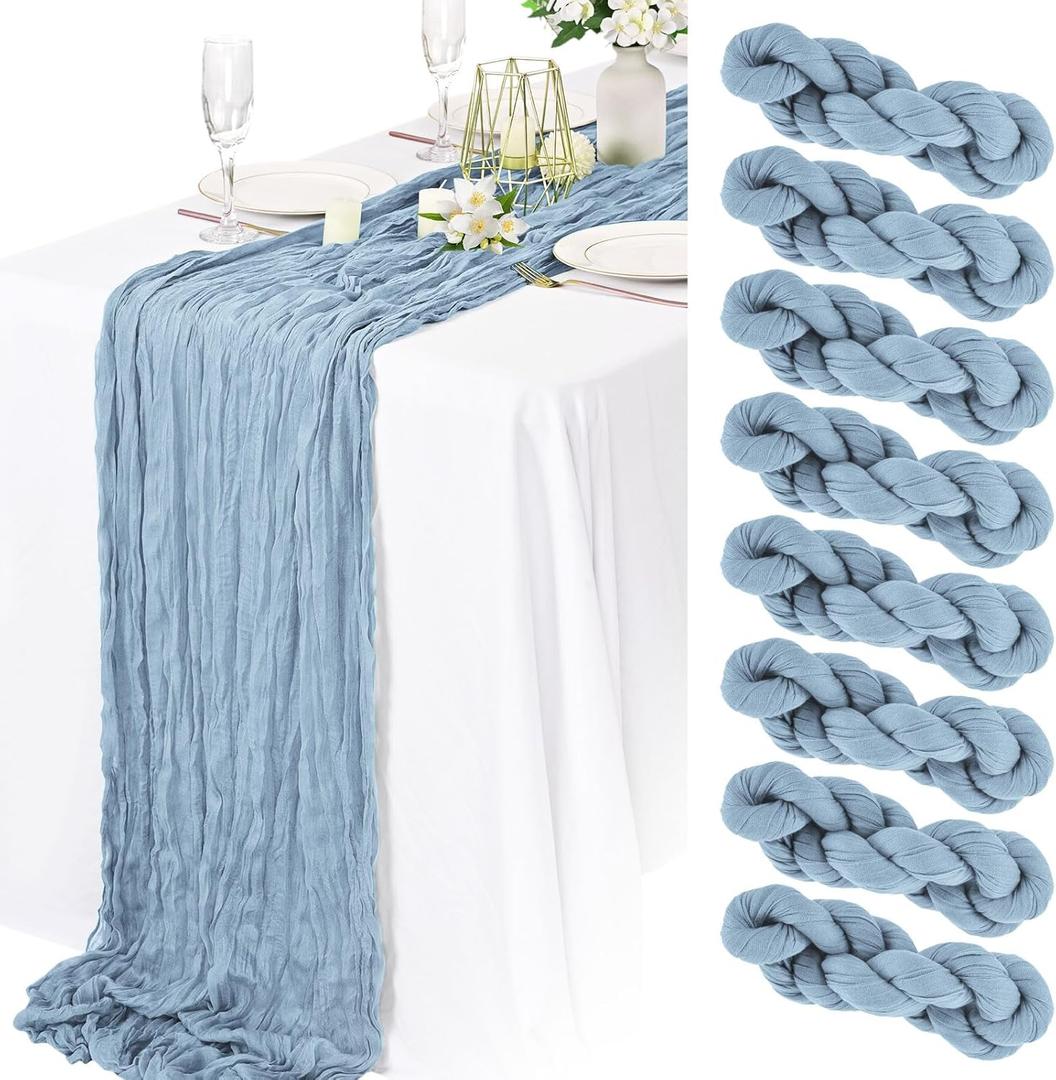 8 Packs Cheesecloth Table Runner 10FT Long Boho Gauze Fabric Table Runner Vintage Rustic Sheer Runners for Wedding Party Bridal Baby Shower Table Decorations (Dusty Blue)
