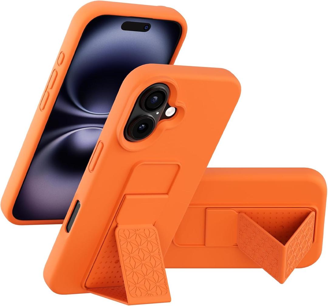 LAUDTEC Silicone Kickstand Case Compatible with iPhone 16, Vertical and Horizontal Stand Hand Strap Metal Kickstand Cover, Flexible Soft Liquid Silicone Stand Case for iPhone 16 (Orange)