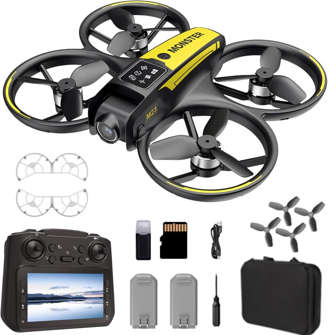 Drone With HD Camera Propeller Safety Protection, 4.5inch Screen RC Mini Drones, Headless Mode One-Key Takeoff/Landing Rolling Hovering M23 Quadcopter with 2 Batteries for Adult Beginners (Black)
