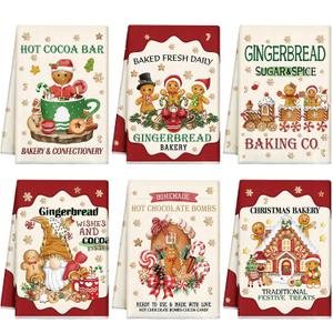 Hosuly 6 Pcs Christmas Kitchen Towels Christmas Gingerbread Man Dish Towel Funny Gingerbread Cookie Tea Towels Xmas Hot Cocoa Gnome Candy Hand Towels Housewarming Gifts for Kitchen Holiday Cooking