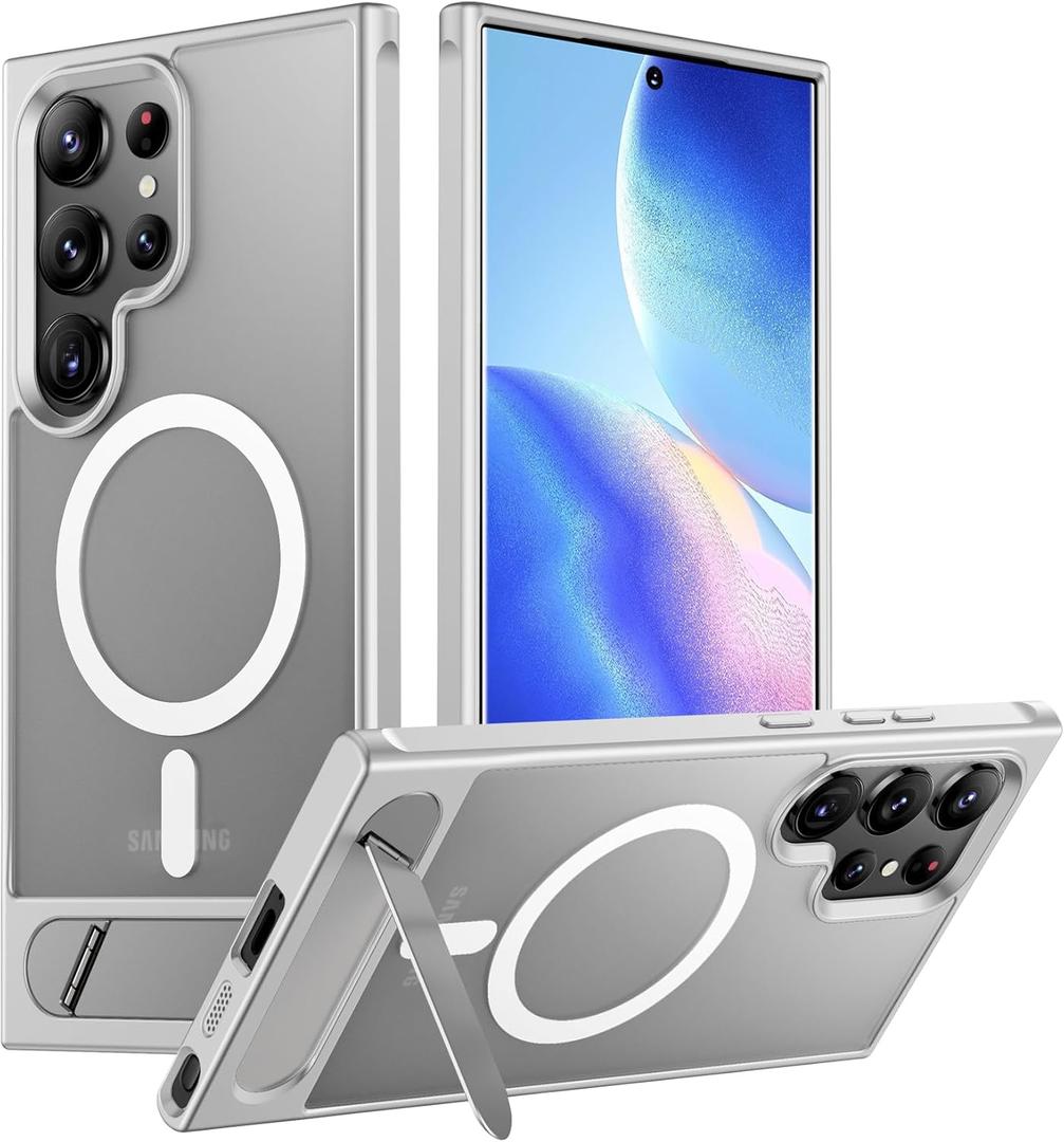 Temdan Magnetic for Samsung Galaxy S23 Ultra Case, [Innovate Stand][Military Grade Drop Protection][Non Slip][Translucent Matte] Shockproof Phone Case for Galaxy S23 Ultra 6.8" 2023 -Sliver (Silver)