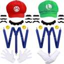 Humairc Super Bros Hats Accessories Set Mary Luigy Caps, Mustaches, Suspenders, Gloves Buttons Halloween Cosplay Costume