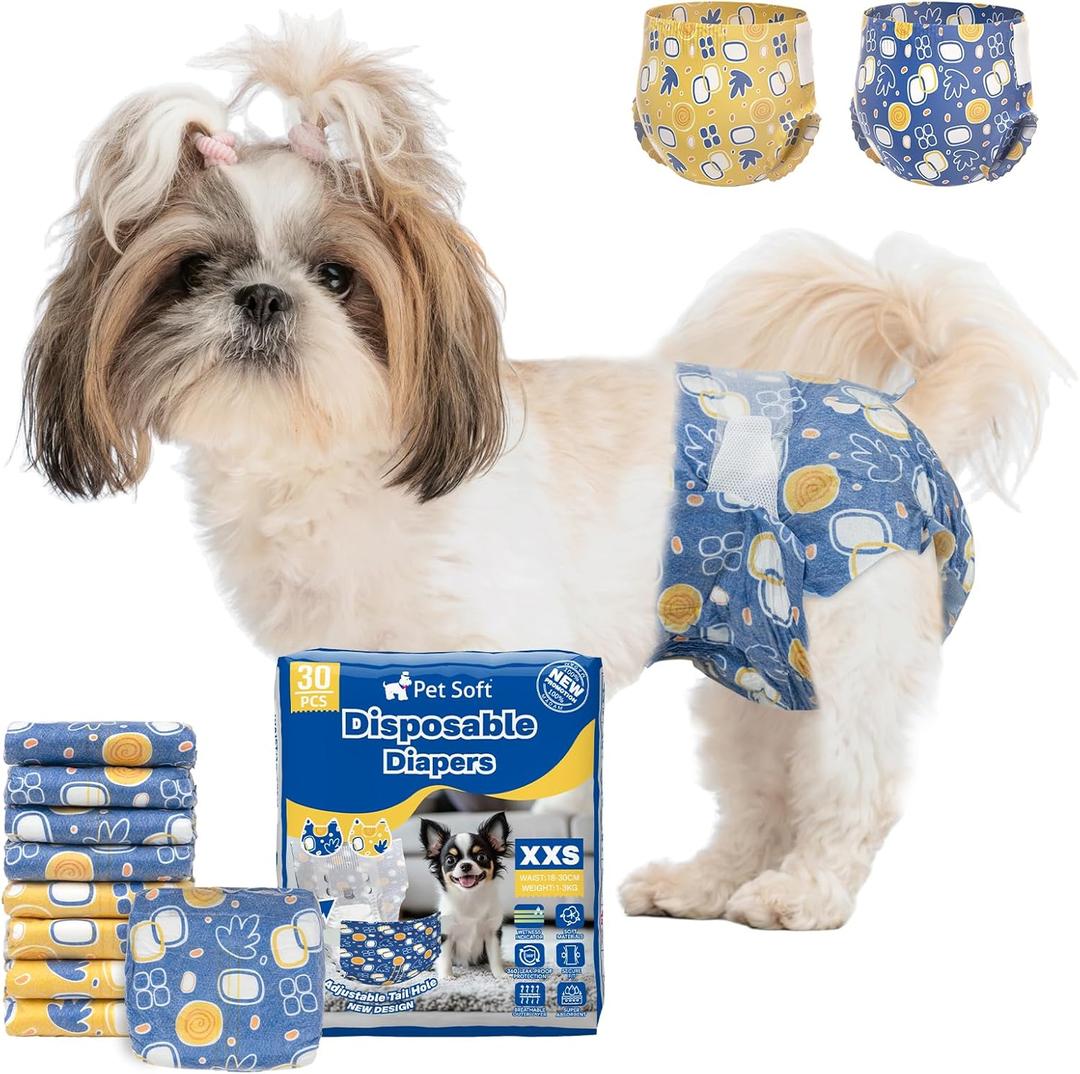 Pet Soft Dog Diapers Female Disposable Doggie Diapers with Wetness Indicator, Puppy & Cat Diapers Super Absorbent, Fit for Female Dog in Heat or Incontinence, 30pcs (XXS, Mixed)