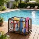 Extra Large Pool Storage Bin, Metal Rolling Float Swimming Equipment Holder Organizer Cart with Mesh, Brown XL