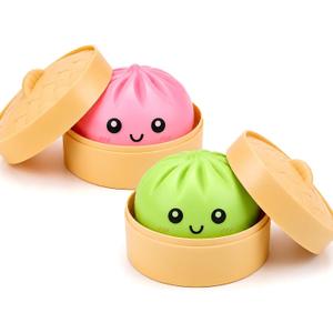 2 Pcs Mystery Pink Green Dumpling Squishies with Steamer Box,Soft Stretchy Bao Bun Stress Relief Balls,Sensory Fidget Squeeze Toys for Anxiety Relief,Decompression Desk Toys