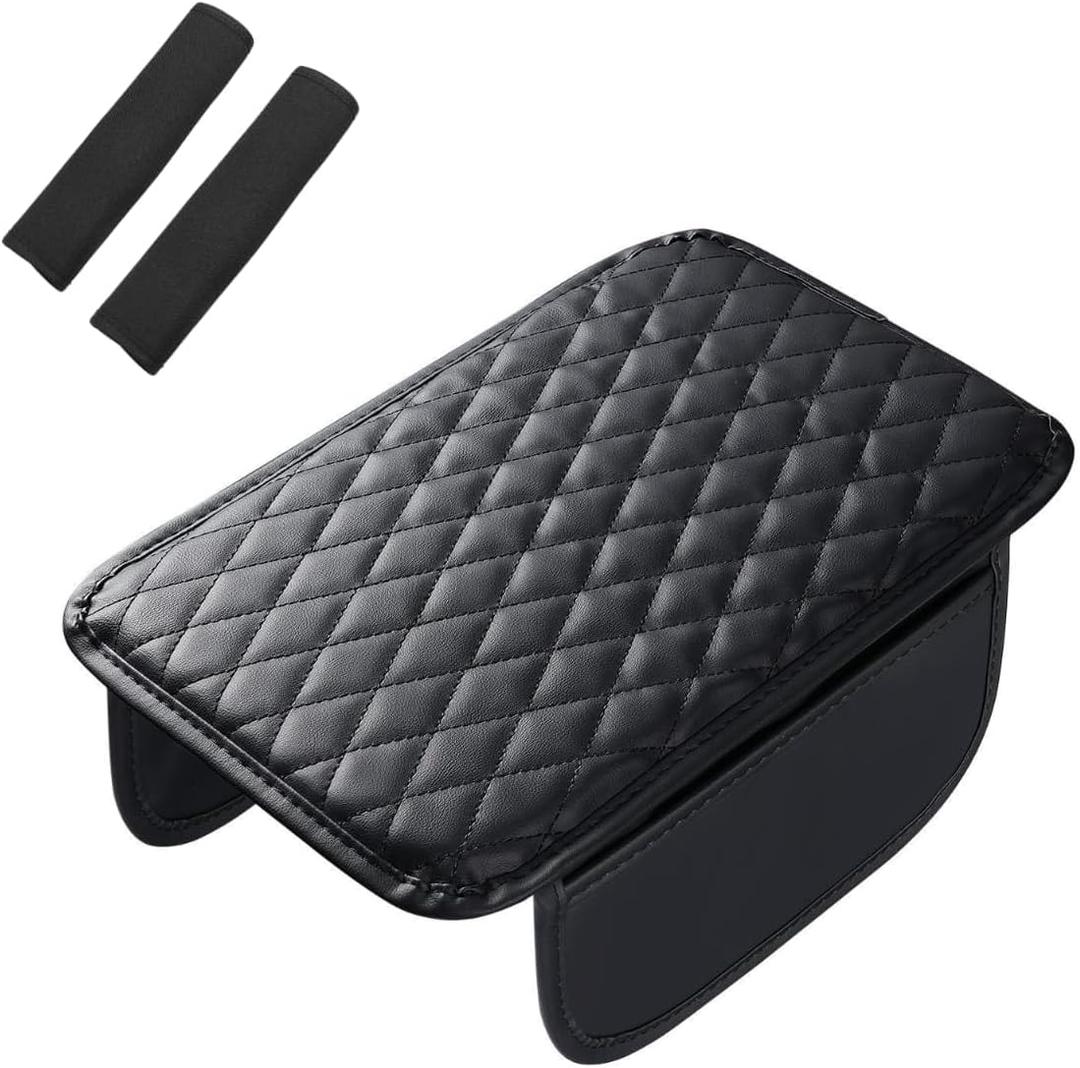 Center Console Cover with Dual-Side Pockets & 2 Seat Belt Covers - Compatible with 2015-2025 Ford F150, 2017-2025 Ford F250 F350 F450 F550 (40/20/40 Jump Seat Only), Waterproof Scratch-Resistant