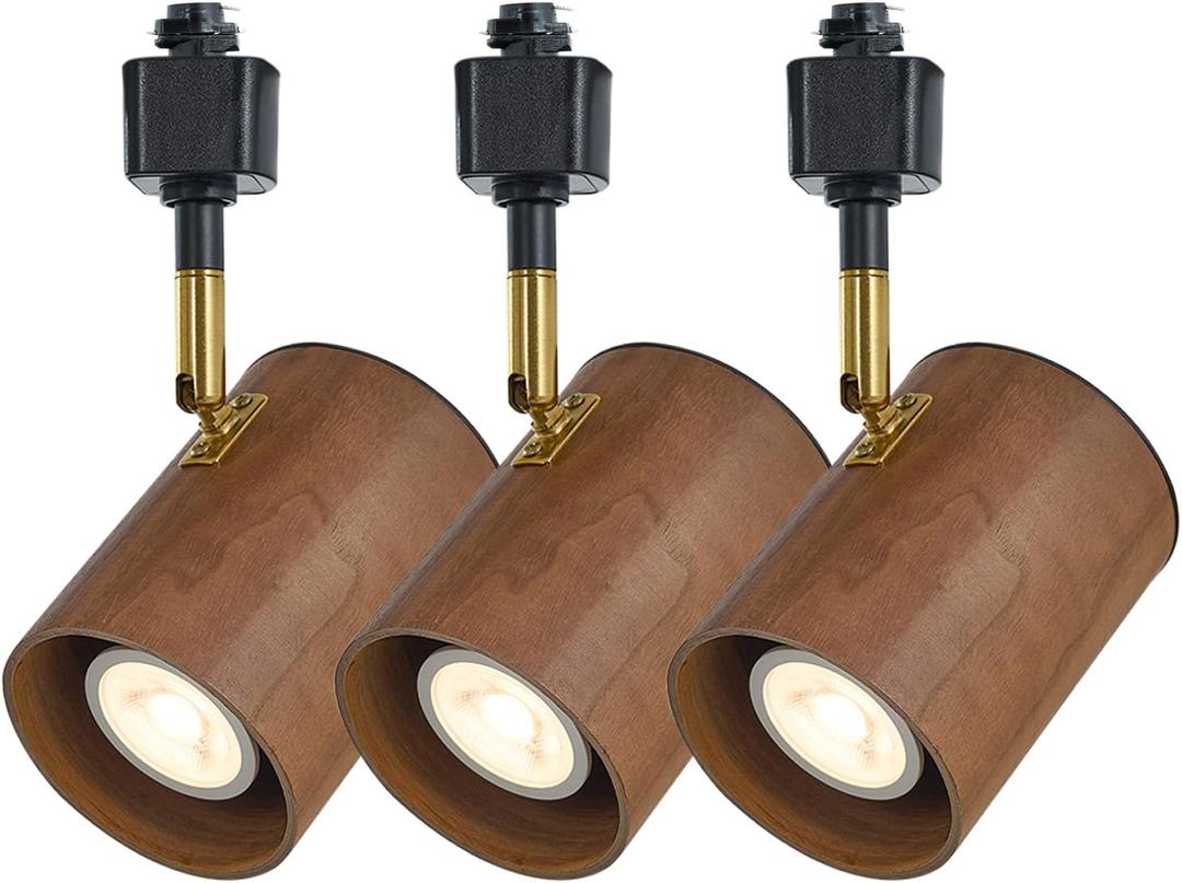 Modern H Type Track Lighting, Adjustable Black Finish and Real Dark Wood Lampshade Spotlight Heads, Brass Swivel Item Kit, for Accent Retail-Pack of 3 (Natural Walnut Wood)