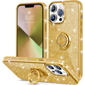 Thomo Compatible with iPhone 13 Pro Case 6.1inch,[Bling Kickstand] Cute Glitter Slim Bumper Diamond Cover Ring Holder Full-Body Protective Phone Case for iPhone 13 Pro Women Girls -Gold