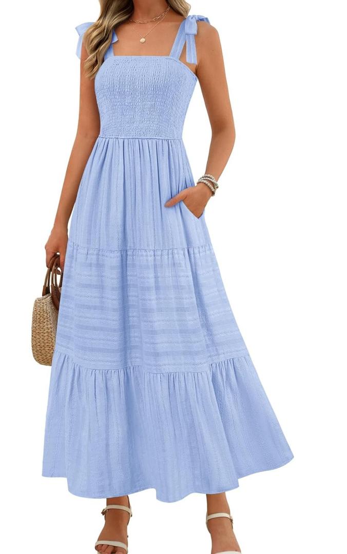 MEROKEETY Women's Summer Boho Maxi Dress Beach Vacation Casual Smocked A Line Sundress with Pockets