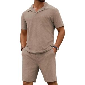 URRU Men's Polo Shirt and Shorts Set Summer Outfits Beach Terry Casual Short Sleeve 2 Piece Short Set for Men (Beige, XXL)