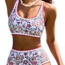 Herseas Women's Bikini Sets Floral Print Whip Stitch 2 Piece Swimsuits High Waisted Scoop Bathing Suits (Medium, Red)