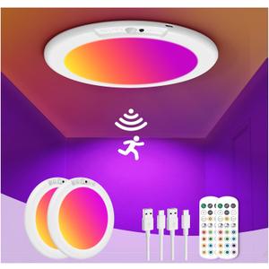 2 Pack Rechargeable Motion Sensor Ceiling Light with Remote, Wireless Battery Operated Closet Light with 13 Colors Changing, 0.55 Magnetic Lights for Shower Bathroom Closet Hallway Pantry