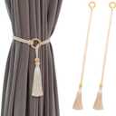 Contoeey Curtain Tiebacks Holders Cotton Curtain Ties for Drapes Decoration Wooden Rope Curtain Holdbacks Boho,Beige 2pack