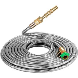 304 Stainless Steel Metal Garden Hose Extension 100 Ft with Brass Water Hose Nozzle Flexible & Lightweight Kink Free Hose Connector for Hose Reel Faucet Outdoor