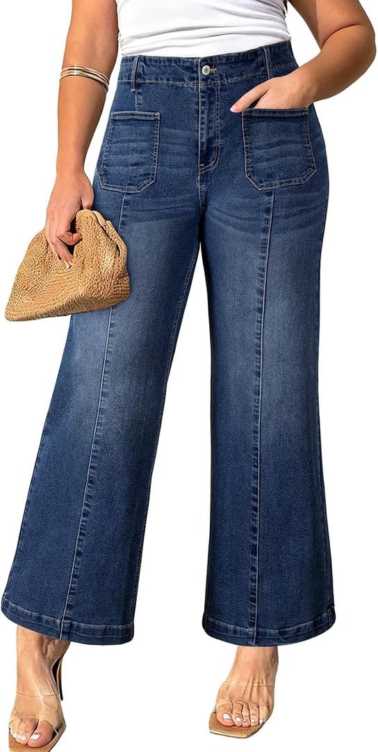 Eytino Womens Plus Size Jeans Stretchy High Waisted Wide Leg Casual Denim Pants with Pockets, 1X Blue