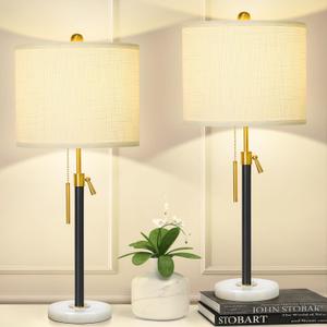 Black and Gold Table Lamps Set of 2: 22" to 30" Height Adjustable Nightstand Lamps with White Linen Shade | Pull Chain Switch | Marble Base - 3 Way Dimmable Beside Lamp for Bedrooms Living Room