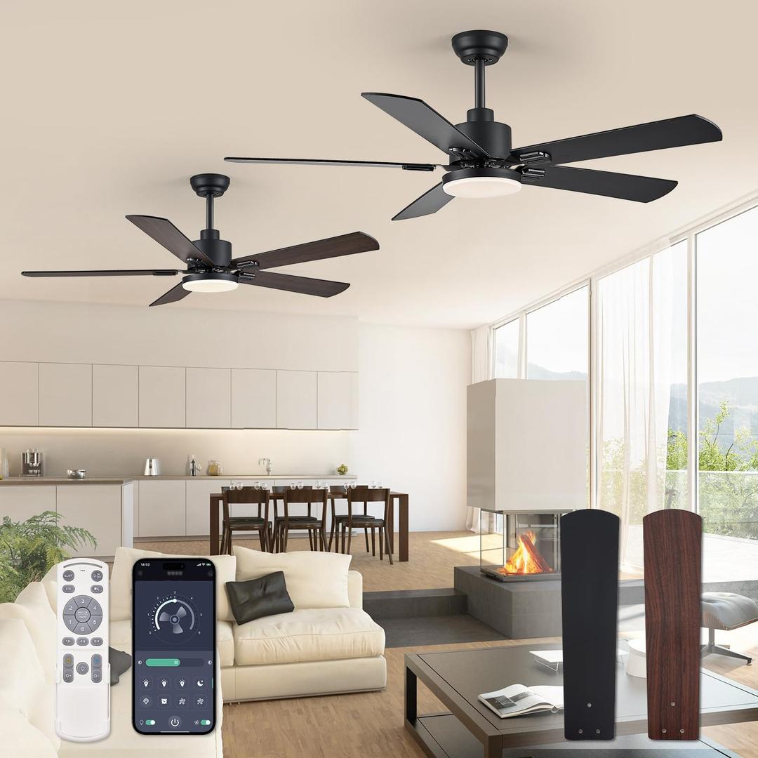 ZMISHIBO 2 Pack 52" Ceiling Fans with Lights, Black Modern Ceiling Fan with Remote & App Control, Farmhouse Indoor Fan with Dual Finish Blades, Quiet & Strong Motor, 24W Dimmable Bright LED Light.
