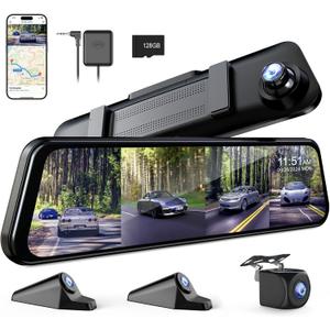 360 Degree View 4 Channel Mirror Dash Cam Detached Camera for CarsDash Cam Front and Rear Side(Left,Right),12'' Rear View Mirror Camera1080Px4,WiFi,Night Vision,GPS,Parking Monitor,Free 128GB Card