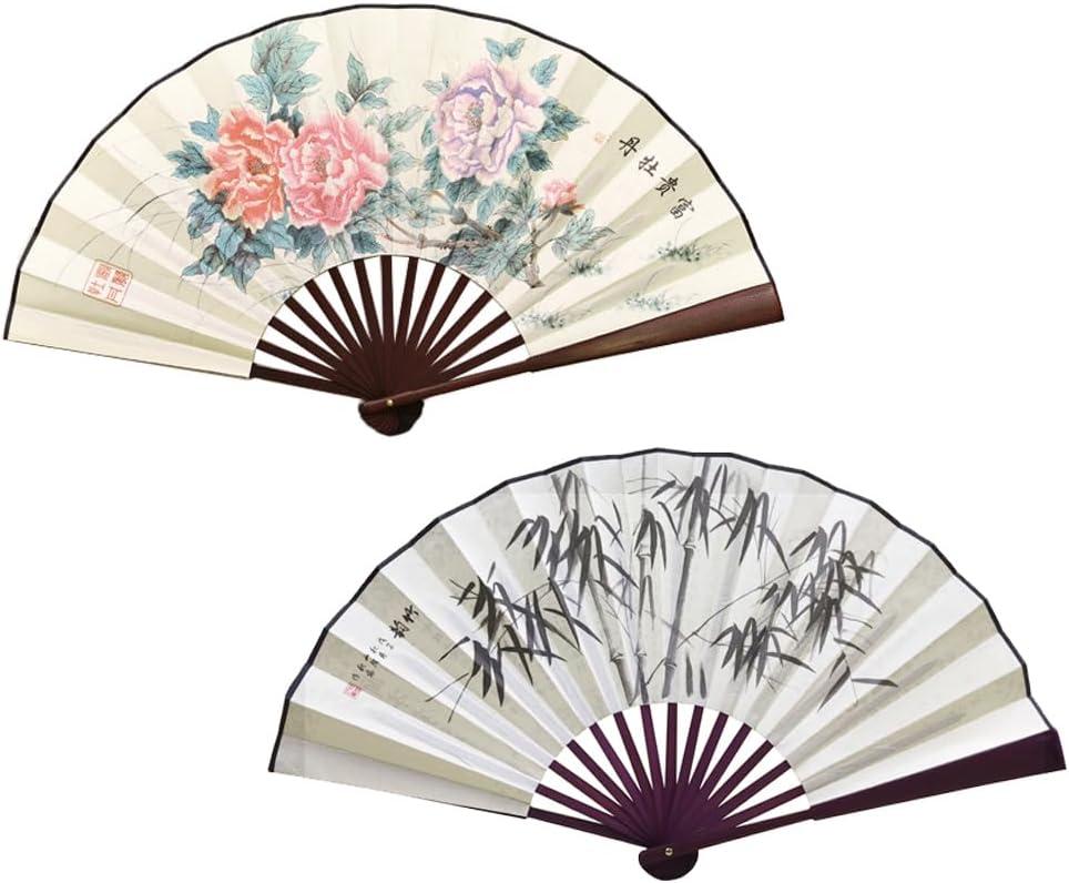2 Pcs Large Folding Hand Fans,13 inch Bamboo Fabric Fans with Chinese Traditional Painting for Performance,Decorations (Bamboo & peony)