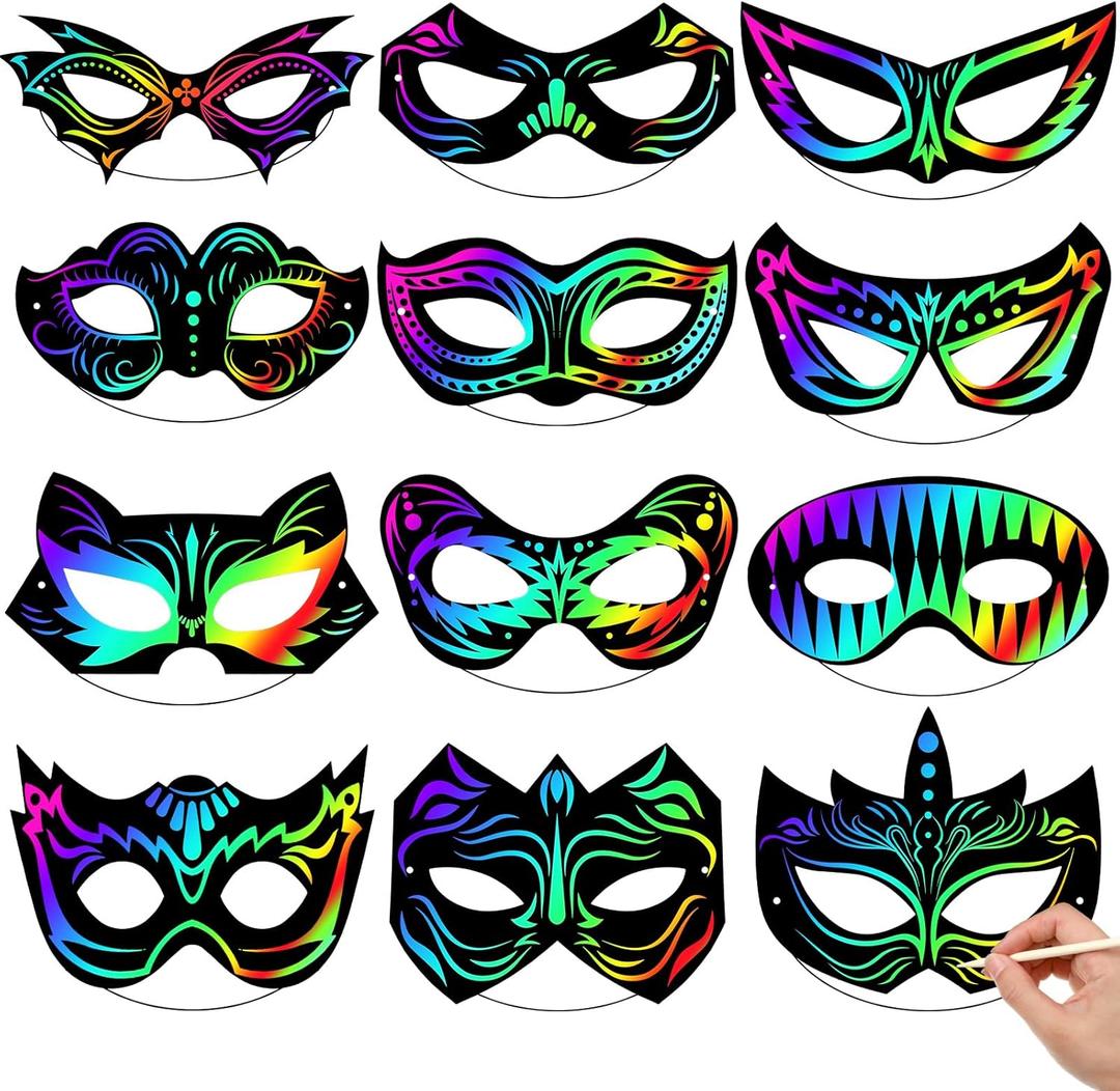 Realspring 60 Pcs Hero Themed Scratch Paper Mask for Craft Paper Mask DIY Craft Kit for Dress up Hero Party Favor DIY Decorations Party Supplies Activity Coloring