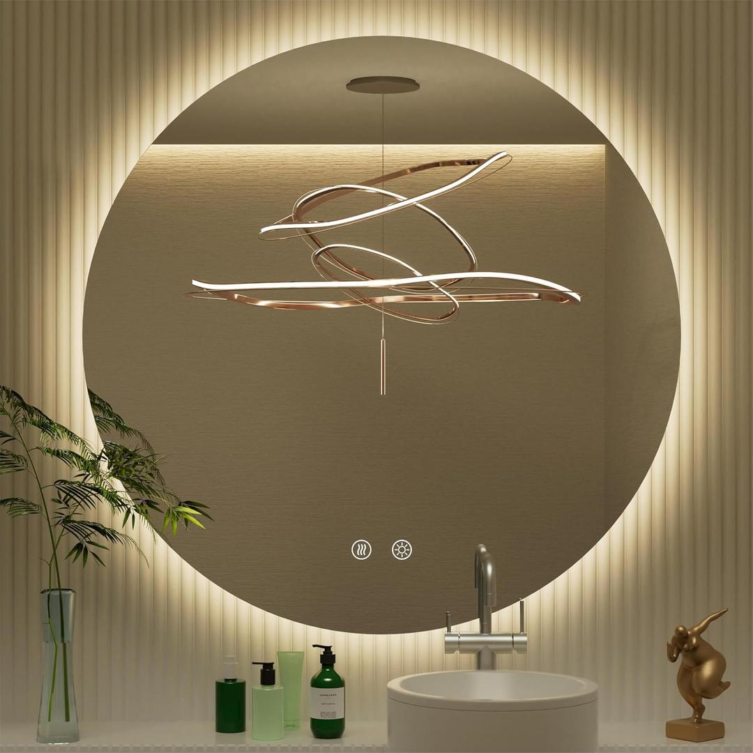 32 Inch Round LED Bathroom Mirror with Light, 3 Color Temperatures (3000K/4500K/6000K), Anti-Fog, Dimmable Backlit, Frameless Round Vanity Mirror with Lights