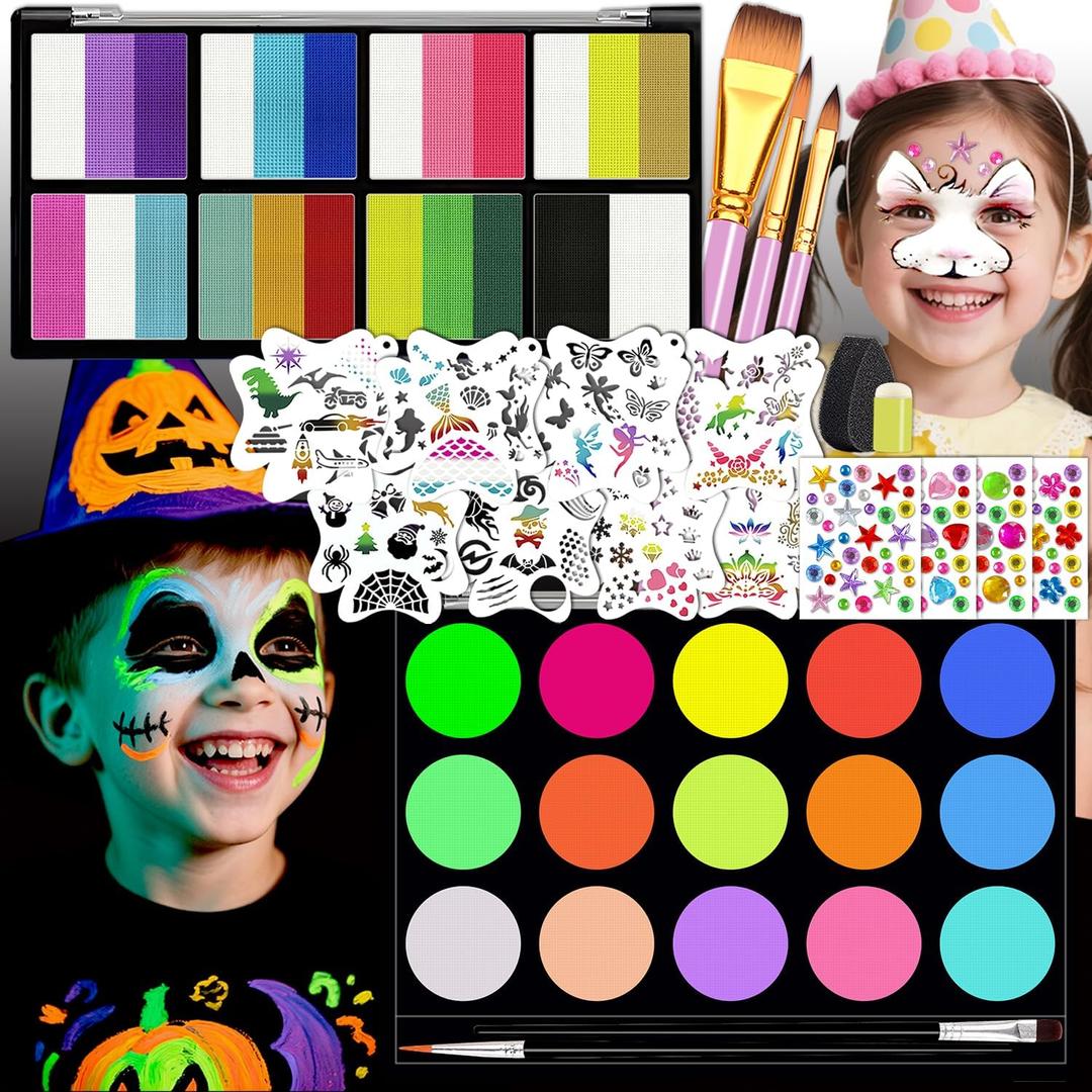 Face Painting Kit for Kids & Adults - 18 Colors + 15 UV Glow Paints, Water-Based Non-Toxic Professional Makeup with Stencils & Brushes for Cosplay, Birthday Parties, Halloween