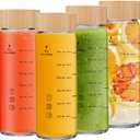 16oz Juice Bottles - 4 Pack Wide Mouth Glass Bottles with Lids- BPA Free, Bamboo Lids for Juicing, Smoothies, Infused Water, Beverage Storage - Leakproof, Borosilicate, Clear