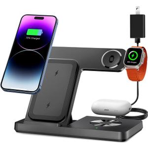 Wireless Charger, 3 In 1 Charging Station for Multi Devices, Charging Stand Dock for iPhone 8-16 Series, Apple Watch, AirPods Pro 3 2 with Adapter (Black)