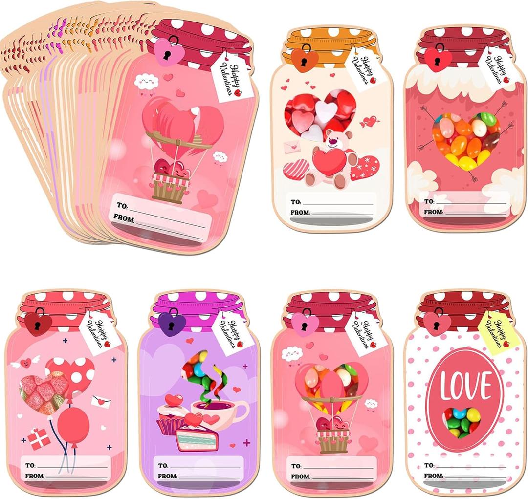JNYVE Valentines Day Cards for Kids - 66 Pack Mason Jar Happy Valentines Cards - Funny Valentine Gifts for Classroom Boys Girls School Exchange Party Favors (Candy Not Included)