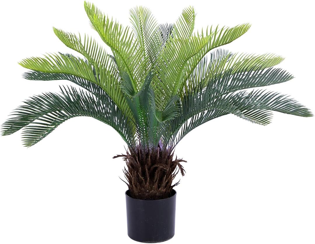 Bellacat 2ft Artificial Cycad Tree UV Resistant with Lifelike Bark & Realistic Leaves, 24in Super Full Faux Sago Palm Tree, for Porch Patio Front Door Home Office Decor