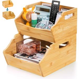 Cididu 2 Pack Bamboo Stackable Storage Bin, Countertop Open Front Stacking Bins, 2 Tier Organize Basket Box with Handle, Food Fruit Container for Cabinet, Kitchen, Studio, Office