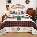 Cmfshape Velvet Christmas Quilt King Size-Cream Bedspread Comforter with Christmas Checkered Tree Pattern-Soft Lightweight Coverlet&Bedding Set-106"x96" (Green)