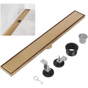 Linear Shower Drain, Gold 304 Stainless Steel Rectangle Shower Floor Drain, 24 inch with 2 in 1 Tile Insert and Flat Panel, Linear Drain with Adjustable Feet,Hair Filter