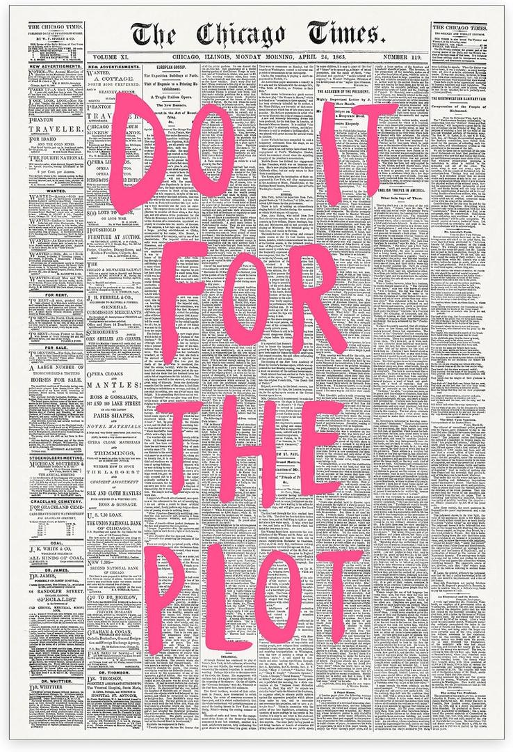 WOFUPMY Retro Newspaper Wall Art Trendy Preppy Posters Do It For The Plot Canvas Prints Motivational Affirmation Pink Aesthetic for Apartment Bedroom Wall Decor 16x24 inch Unframed