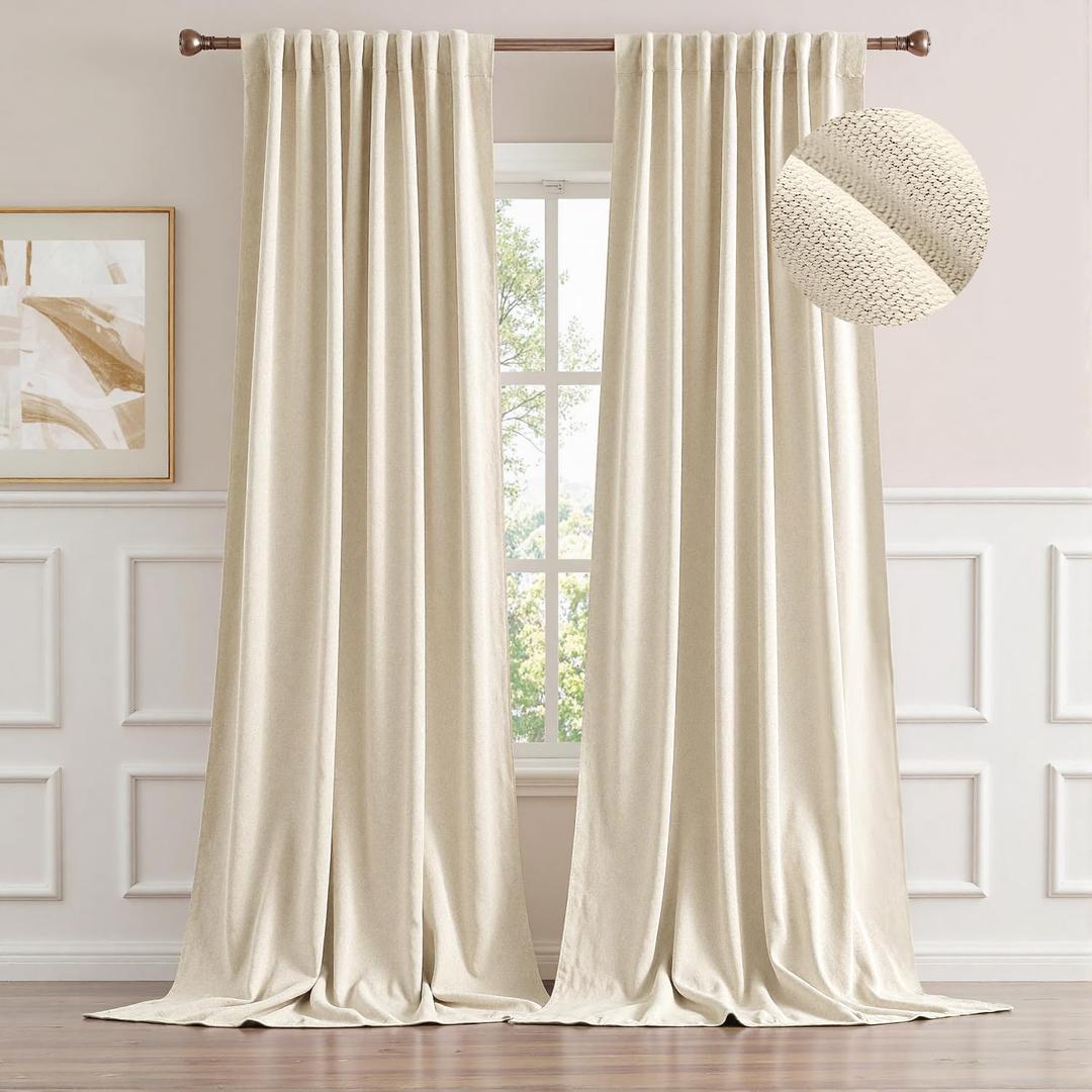 MIULEE Beige Faux Linen Blackout Curtain 96 Inch Long 2 Panels Set Rod Pocket/Back Tab/Pinch Pleated Floor to Ceiling Room Darkening Textured Black Out Track Drapes for Bedroom Living Room