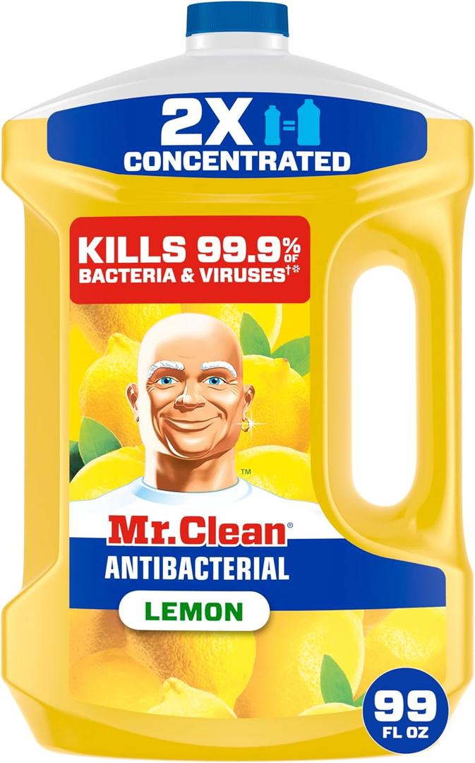 Mr. Clean Antibacterial All Purpose Cleaner, Floor Cleaner for Mopping Home, Bathroom, & Kitchen, Cleaning Liquid for Mop & Tub, Cleaning Supplies, Multi-Surface Dilutable, Lemon, 99oz