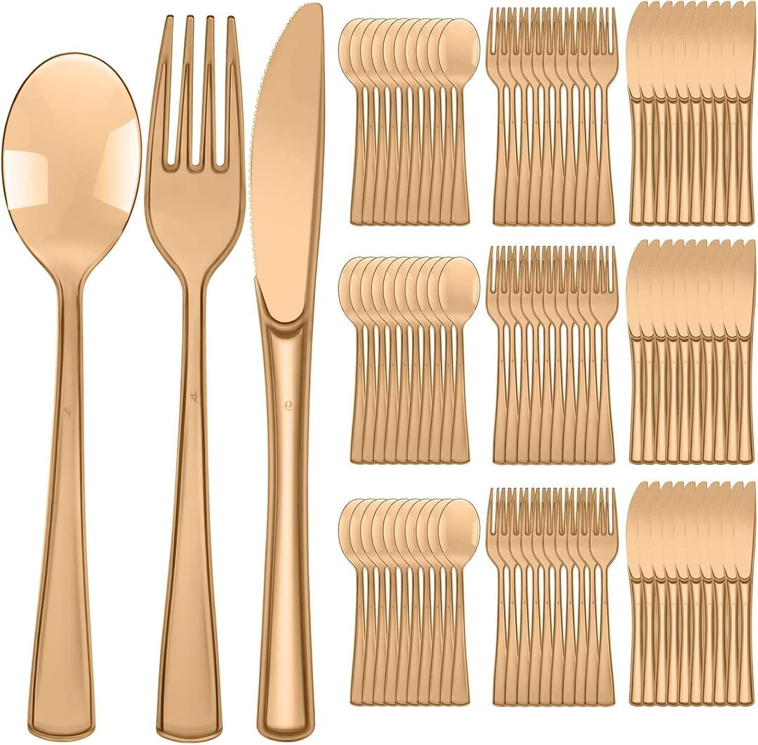 Minatee 150 Pieces Disposable Cutlery Set Plastic Silverware Heavy Duty Utensil Sets 50 Forks 50 Knives 50 Spoons for Home Office School Party Picnics Restaurant Outdoor Events(Coffee)