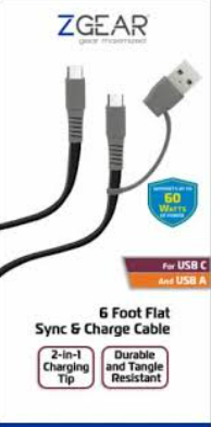ZGear 6 Foot Flat Sync & Charge Cable For USB C To USB A
