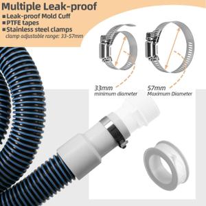 1.5" 6ft Pool Filter Pump Hose Kit - Above Ground Swimming Pool Vacuum Skimmer 1 1/2" Hose Replacement & Adapter Fittings - 2 Hoses, 2 Adapters, 4 Clamps, 2 PTFE Tapes GRAY