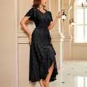BeryLove Women Sequin Formal Party Dress Flutter Short Sleeve Wedding Cocktail Long Evening Dress (Black, XXL)