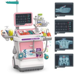 Doctor Kit for Kids Pretend Medical Station Set for Boys & Girls Mobile Cart with Kids Play Set for Ages 3 and Up Children Role Play Educational Toys (Pink)