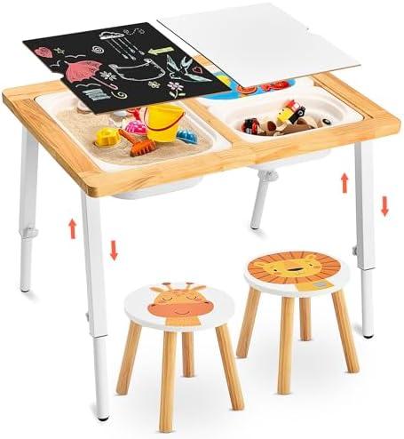 SAUCE ZHAN Sensory Table and Stools for Toddlers 1-5 Adjustable Height, Kids Table with 3 Storage Bins & Writable Lids, 2 Lion Giraffe Stickers for Chairs, Play Sand and Water for Indoor/Outdoor, Gift