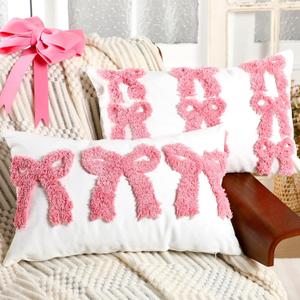 Cinnvoice Pink Bow Pillow Covers Set of 2 Coquette Room Decor 12 x 20 Inches Embroidery Throw Pillow Covers Soft Plush Faux Fur Aesthetic Decor for Galentine Valentines Girly Preppy Bedroom Sofa Couch